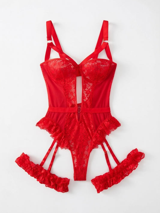 Merched Beca 2-Piece Red Floral Lace Garter Lingerie Set – Passionate Underwire Rebellion
