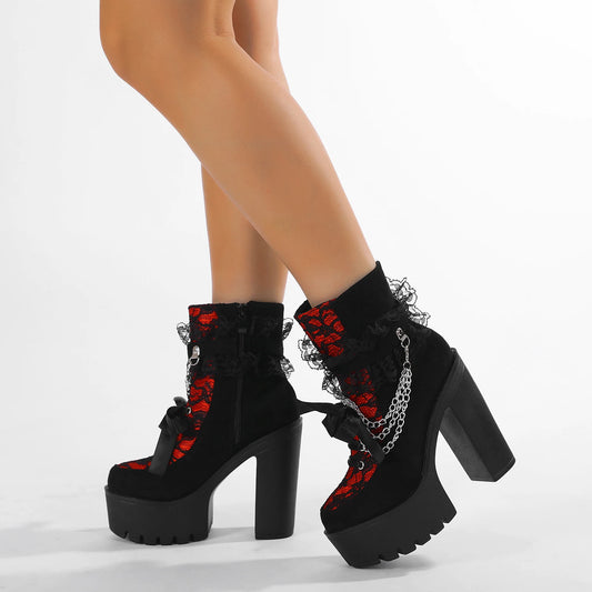 Merched Beca Chain Platform Gothic Boots – Vintage Punk Ankle Boots