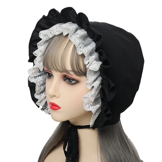 Merched Beca Cockle Bonnet – Black & White Lace Heritage Headwear